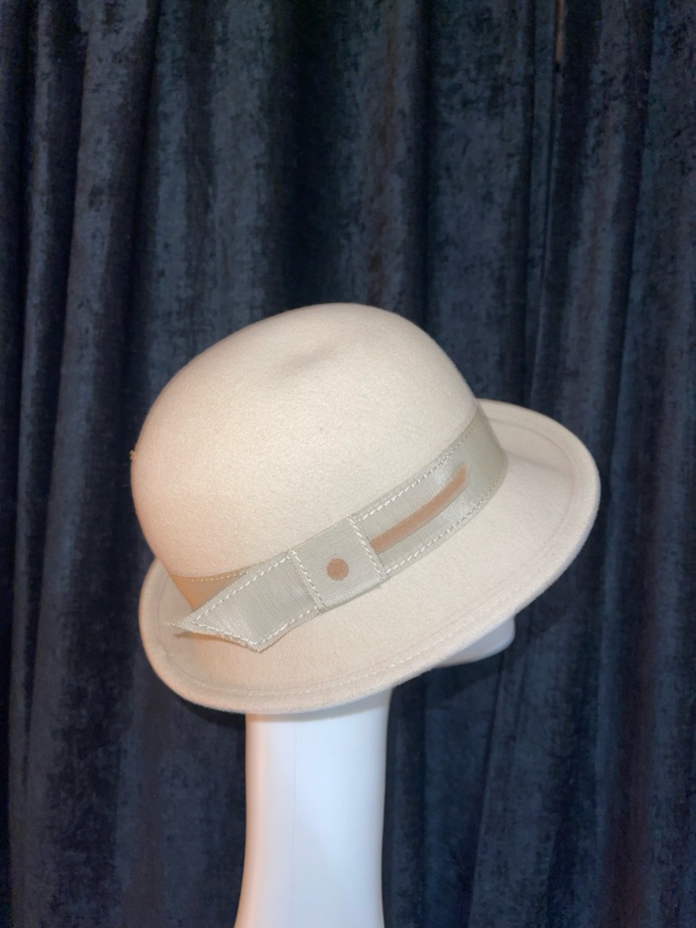 High End Vintage Designer Cream Georgette Bowler Hat with Ribbon Trim